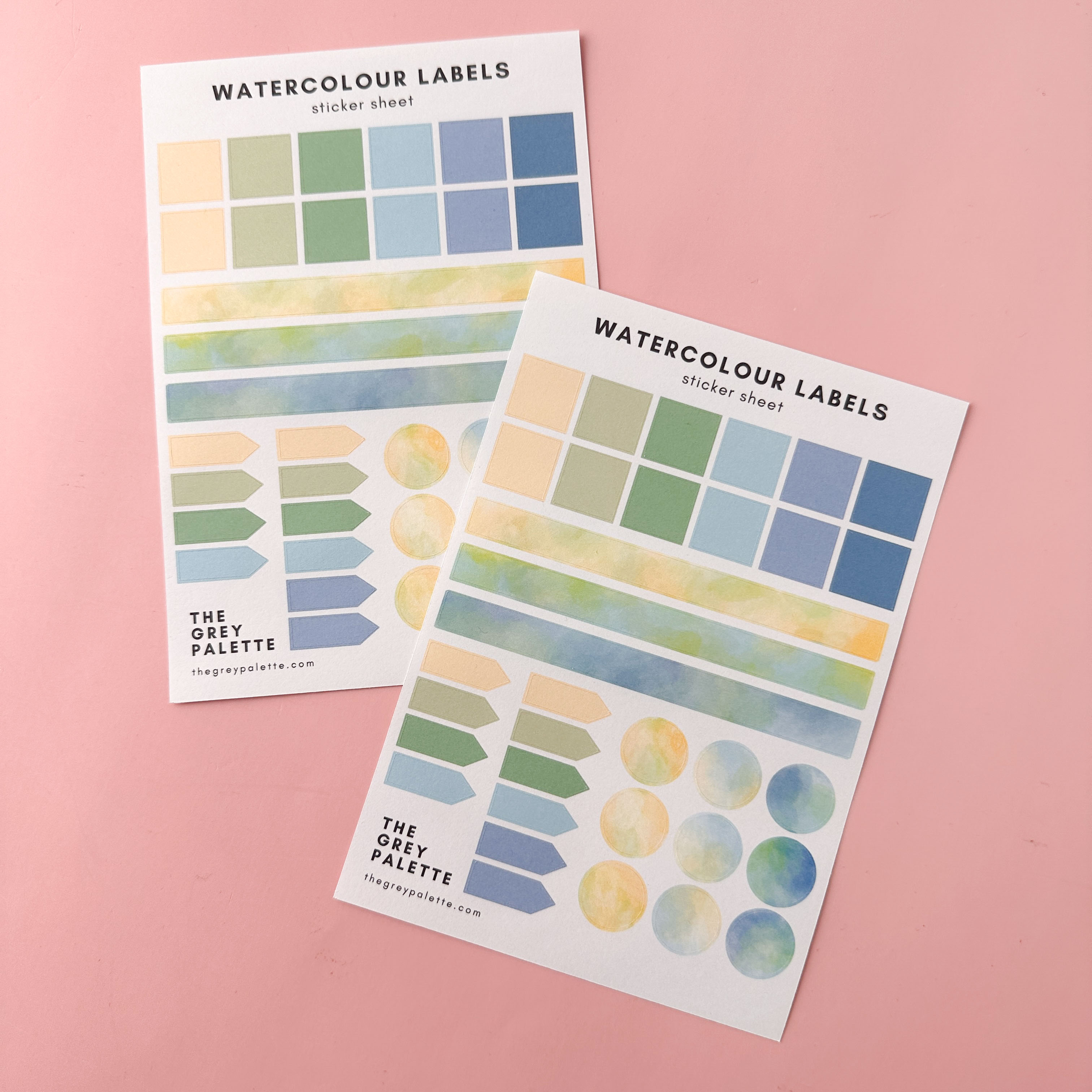 Green to blue Watercolor labels sticker sheets featuring squares, long labels, arrow pointers, and circles in three different pastel watercolor shades, ideal for journaling and planning.