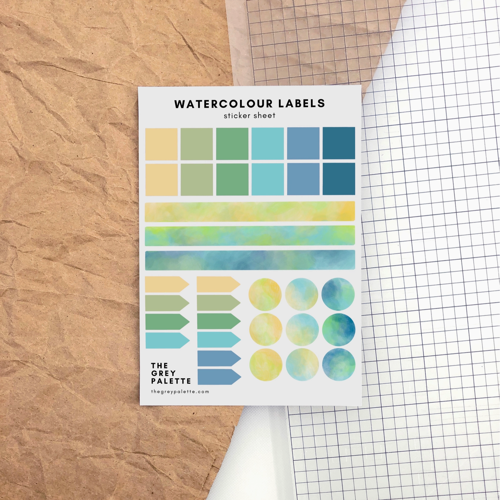 Watercolor labels sticker sheets featuring squares, long labels, arrow pointers, and circles in three different pastel watercolor shades, ideal for journaling and planning.