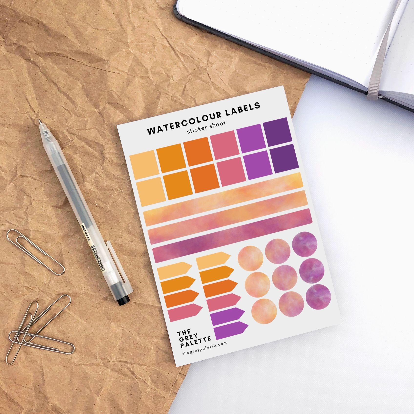 Watercolor labels sticker sheets featuring squares, long labels, arrow pointers, and circles in three different pastel watercolor shades, ideal for journaling and planning.