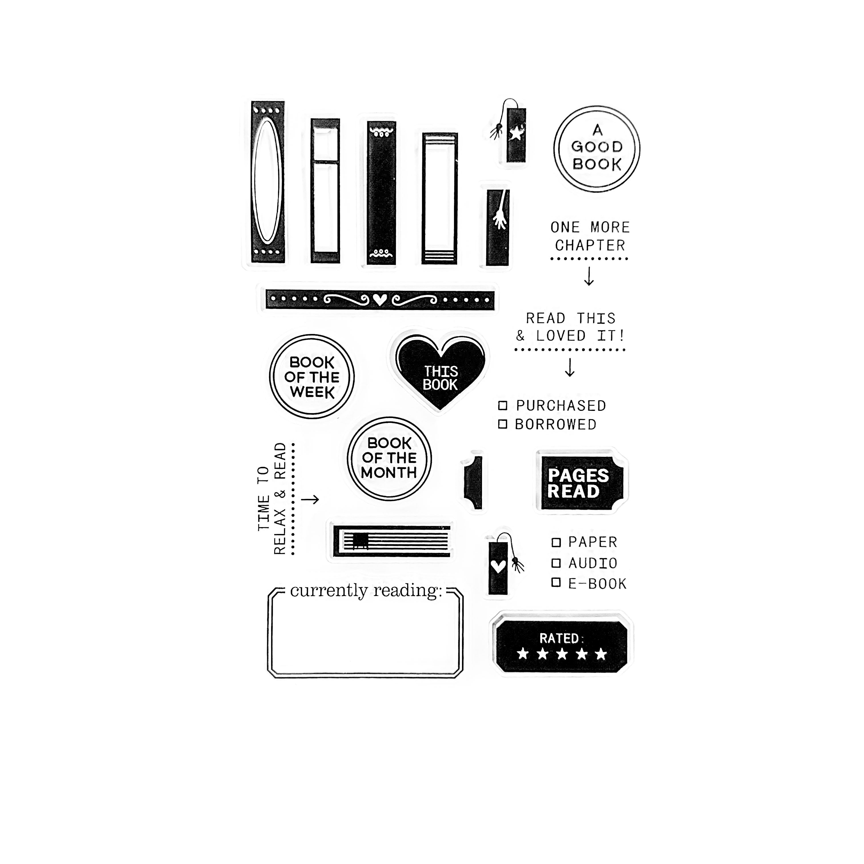 Book-themed planner stamps with open books and cozy icons
