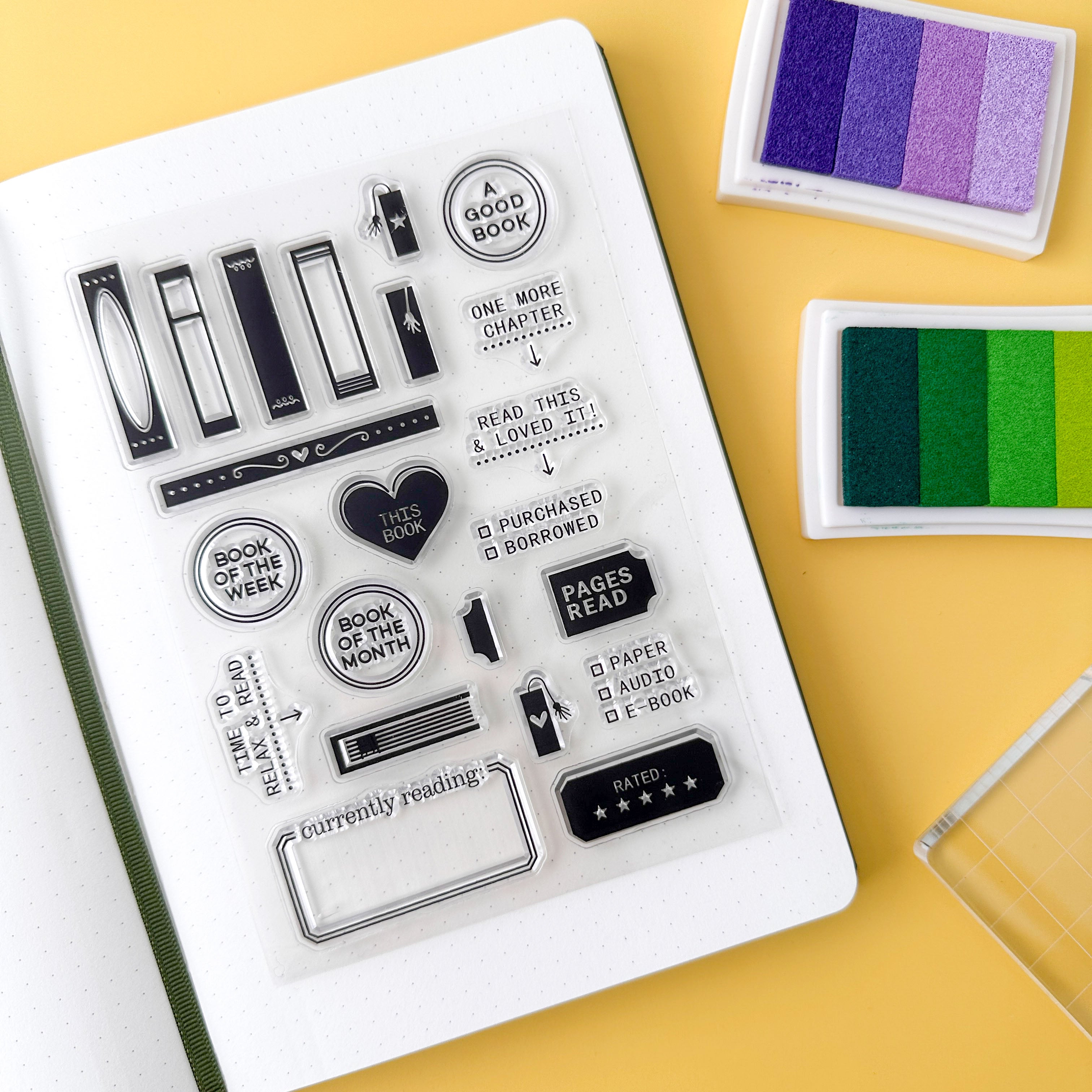 One More Chapter reading stamp set with books and stars