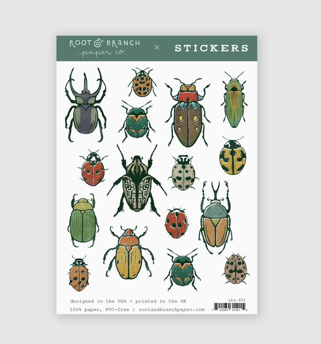 Beetle Sticker sheets featuring woodland animals, greenery, mushrooms, and nature-themed illustrations perfect for journals, planners, and crafting.