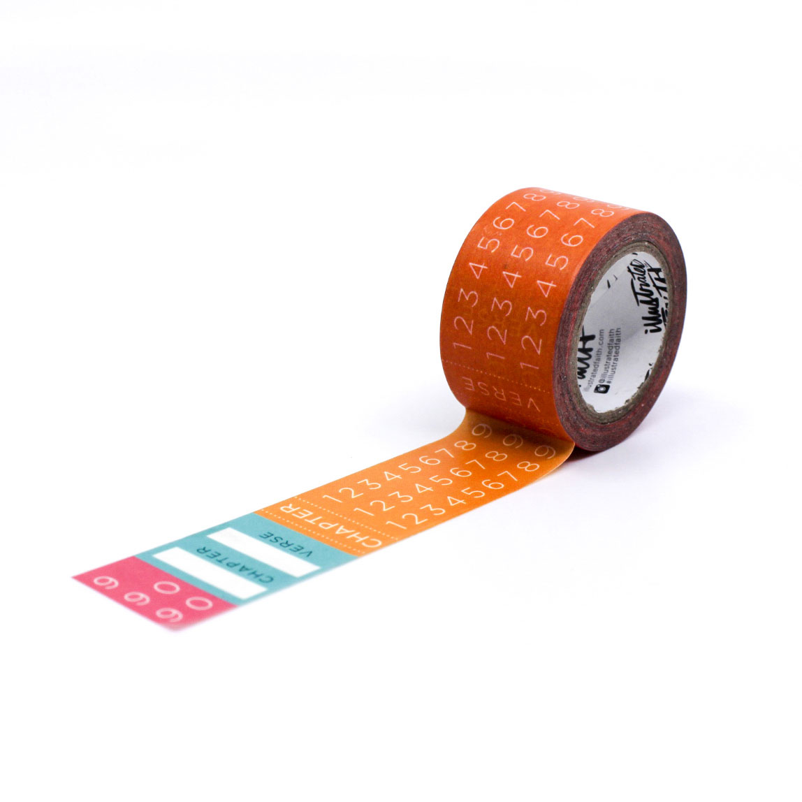 Colorful scripture marking washi tape unrolled onto white paper for journaling.