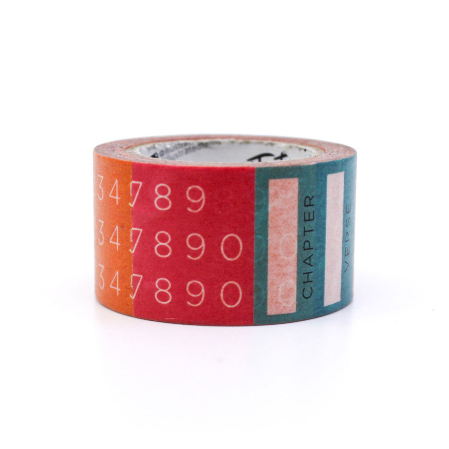 Close-up of Bible journaling washi tape featuring numbered verses and chapter boxes.