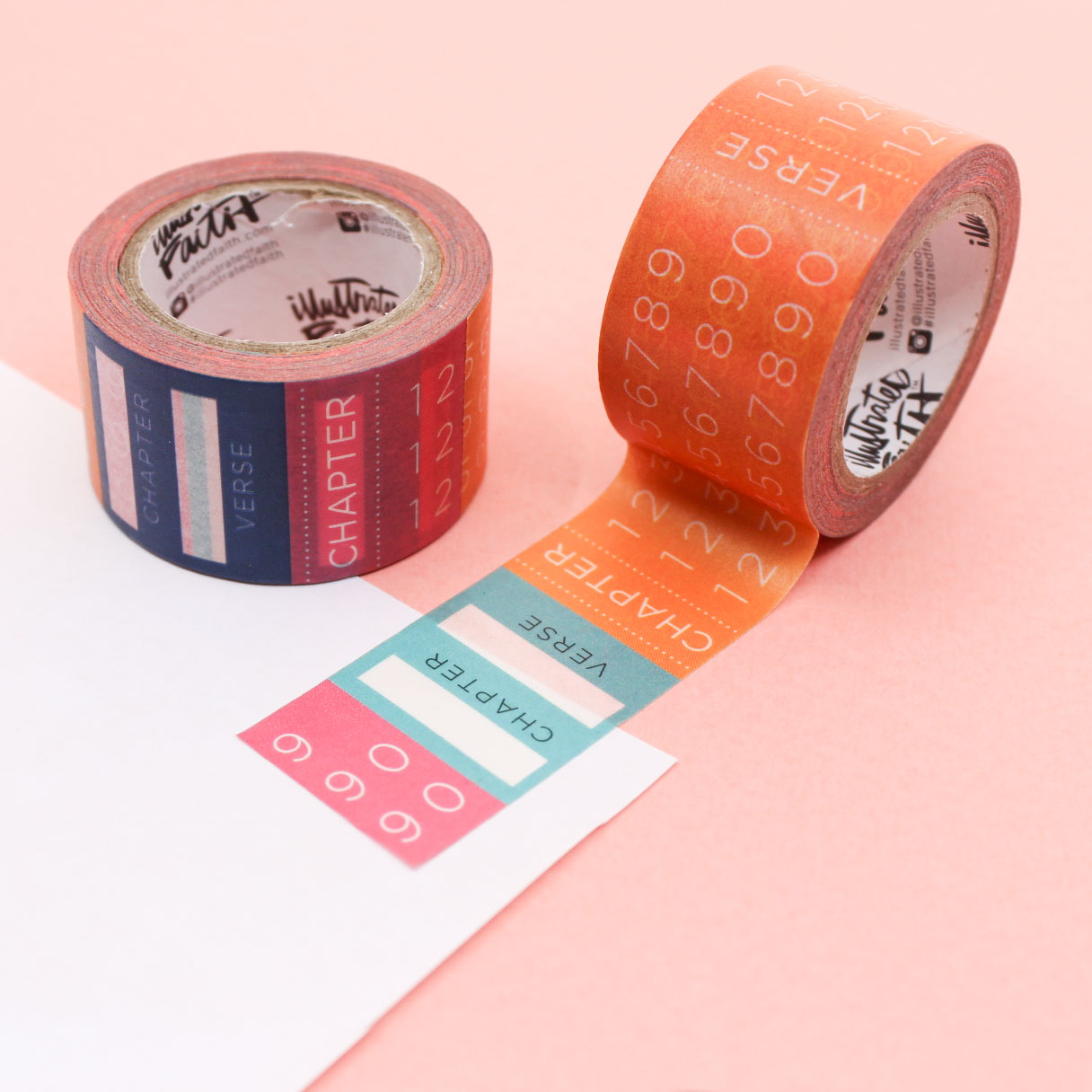 Bible study washi tape roll with chapter and verse labels on a pink background.