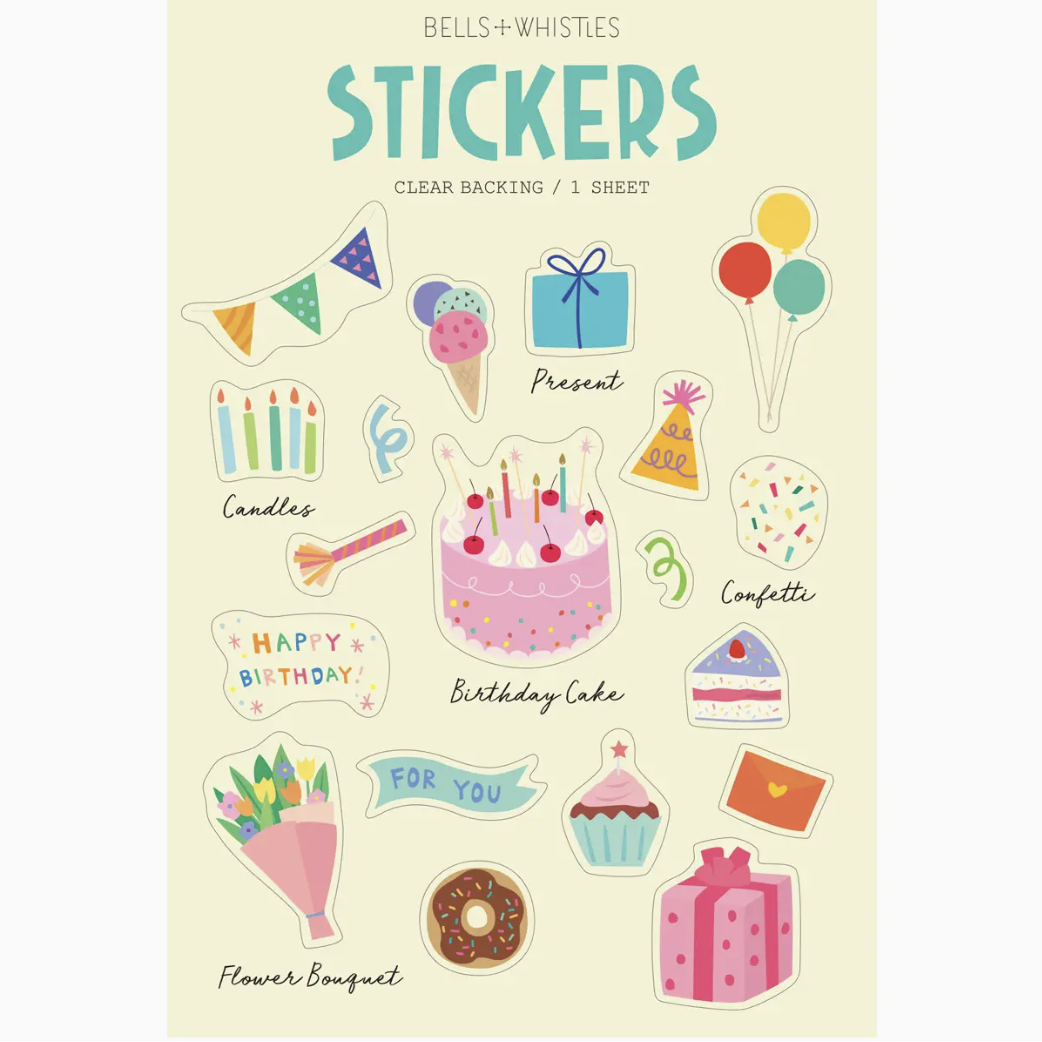 Colorful birthday sticker sheet with balloons, cakes, and party hats
