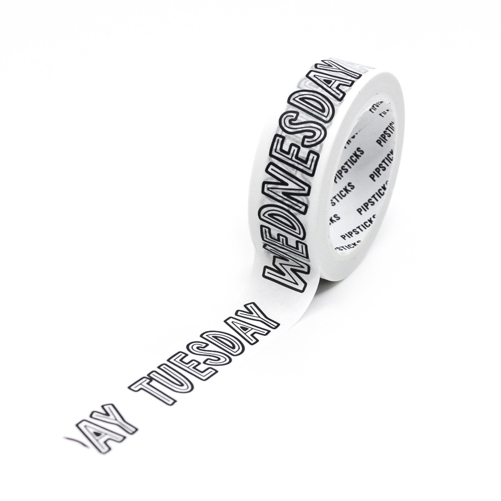 Close-up of monochrome typography washi tape featuring days Monday through Sunday.