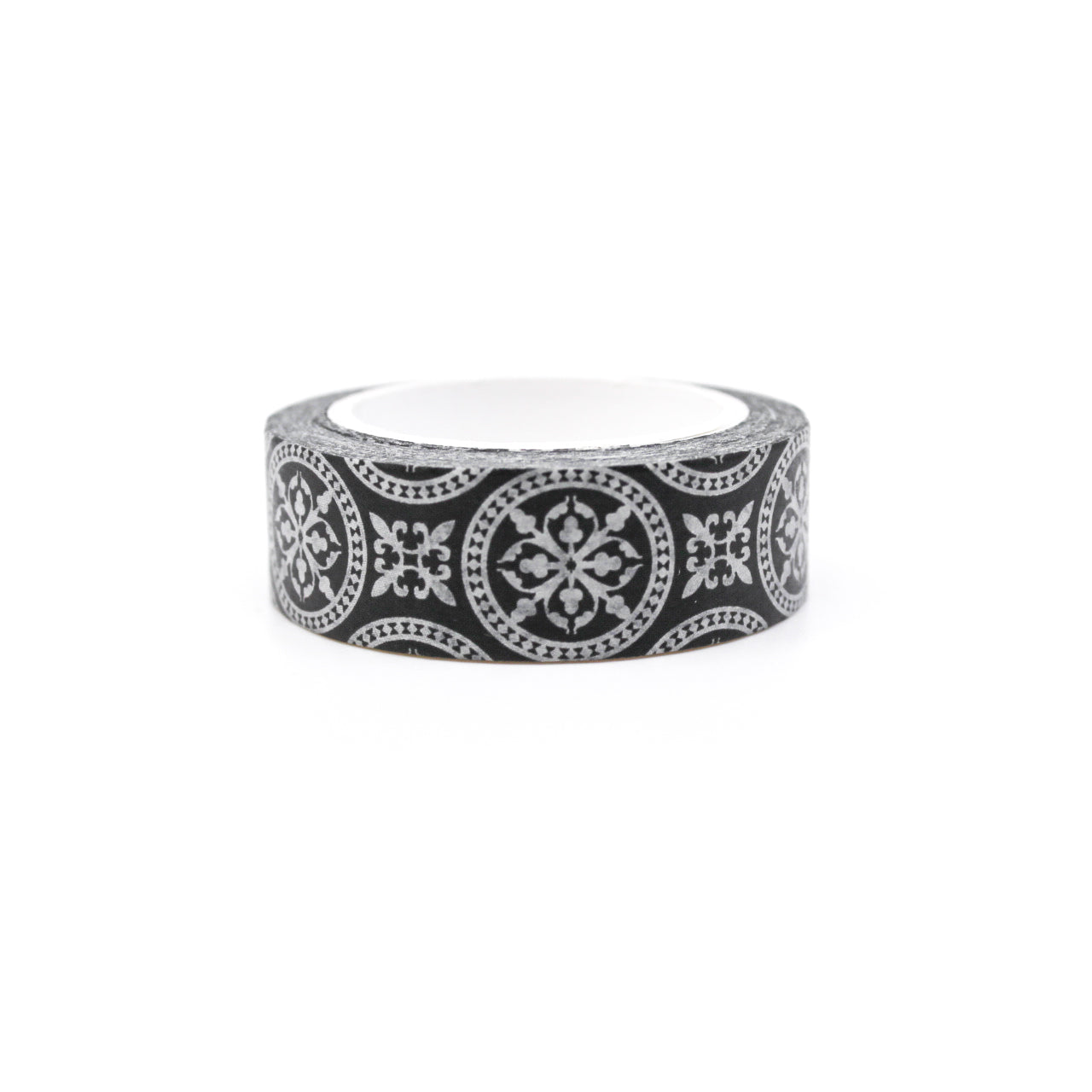 Add a touch of elegance to your crafts with our black and white medallion round repeat pattern washi tape, featuring a captivating and intricate design of repeating medallions in a classic black and white color scheme. This tape is sold at BBB Supplies Craft Shop.
