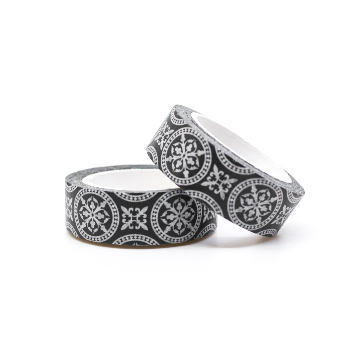 Add a touch of elegance to your crafts with our black and white medallion round repeat pattern washi tape, featuring a captivating and intricate design of repeating medallions in a classic black and white color scheme. This tape is sold at BBB Supplies Craft Shop.
