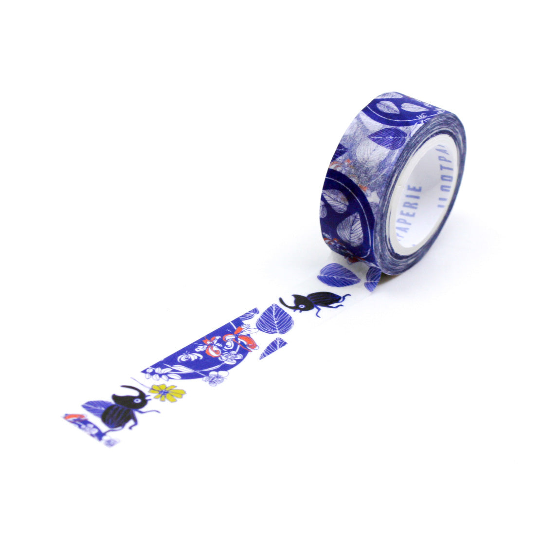 "Blue Beetle Washi Tape" features intricately detailed blue beetles against a neutral background, ideal for adding a unique and nature-inspired touch to your scrapbooking, journaling, and DIY crafts.