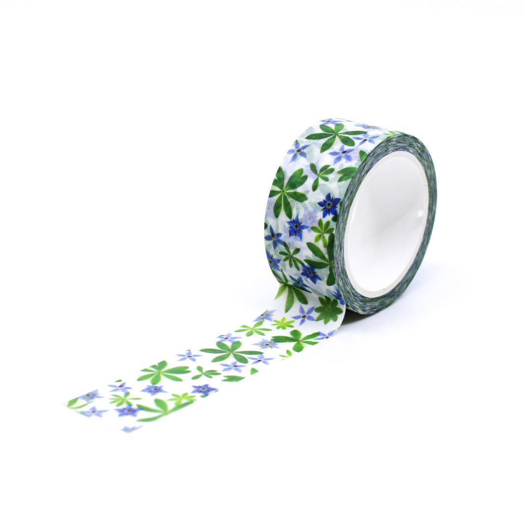 Blue Borage Floral Washi Tape features delicate blue borage flowers against a white background, adding a touch of elegance to your crafts. Perfect for scrapbooking, card making, or journal. This tape is sold at BBB Supplies Craft Shop and designed by Bottle Branch Designs.