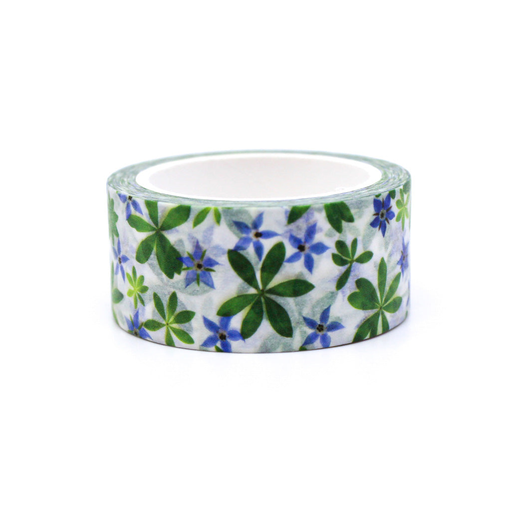 Blue Borage Floral Washi Tape features delicate blue borage flowers against a white background, adding a touch of elegance to your crafts. Perfect for scrapbooking, card making, or journal. This tape is sold at BBB Supplies Craft Shop and designed by Bottle Branch Designs.