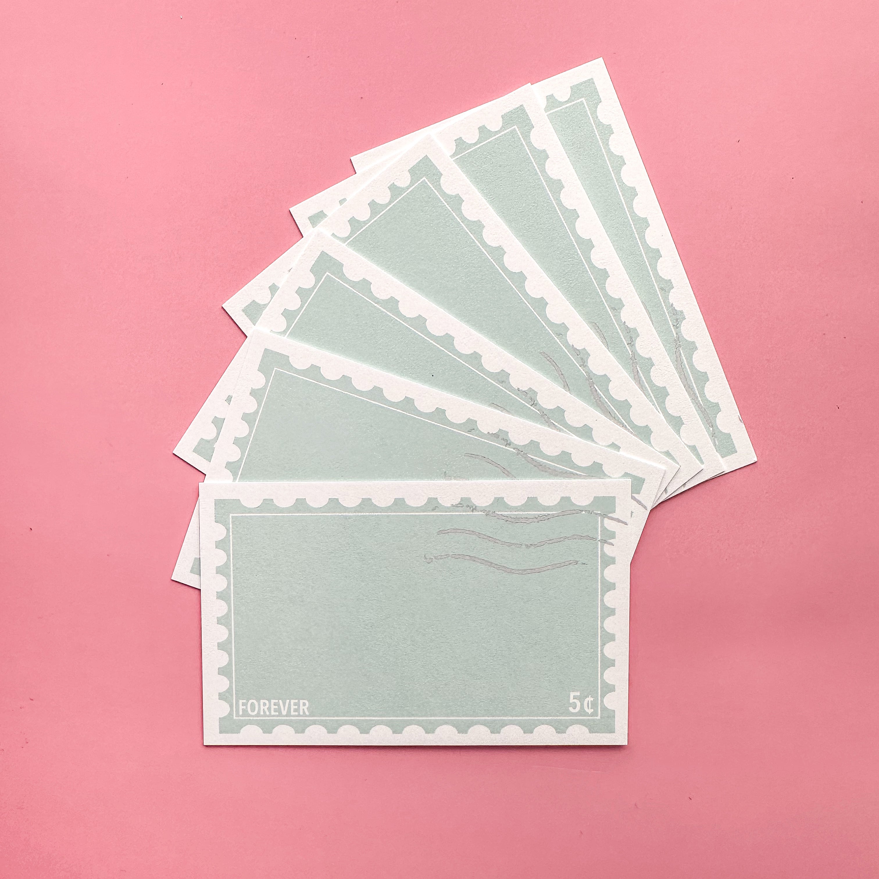 Blue Forever Stamp Mini Notecards featuring a vintage postage stamp design, perfect for thank-you notes, reminders, or gift tags. Elegant stationery for personal messages and gifts.