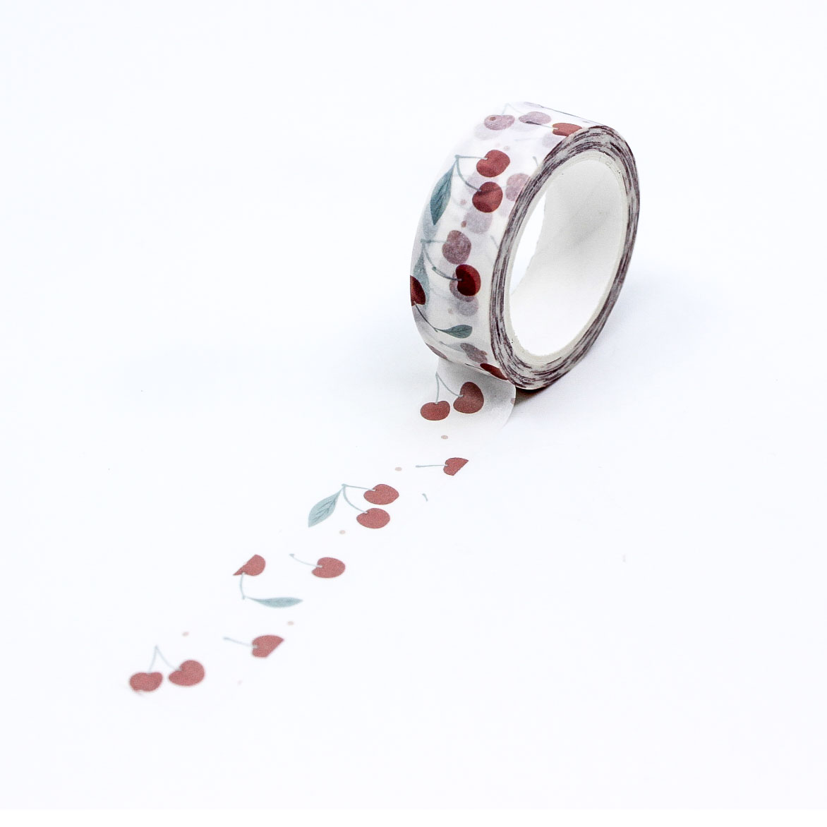 "Crisp White Cherry Washi Tape" features bright red cherries on a clean white background, perfect for adding a pop of fresh, fruity flair to your planners, journals, and crafts.