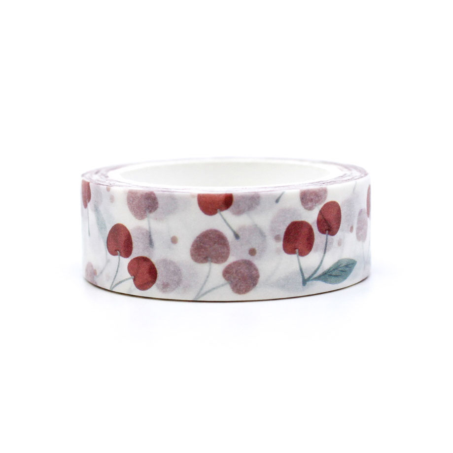 "Crisp White Cherry Washi Tape" features bright red cherries on a clean white background, perfect for adding a pop of fresh, fruity flair to your planners, journals, and crafts.
