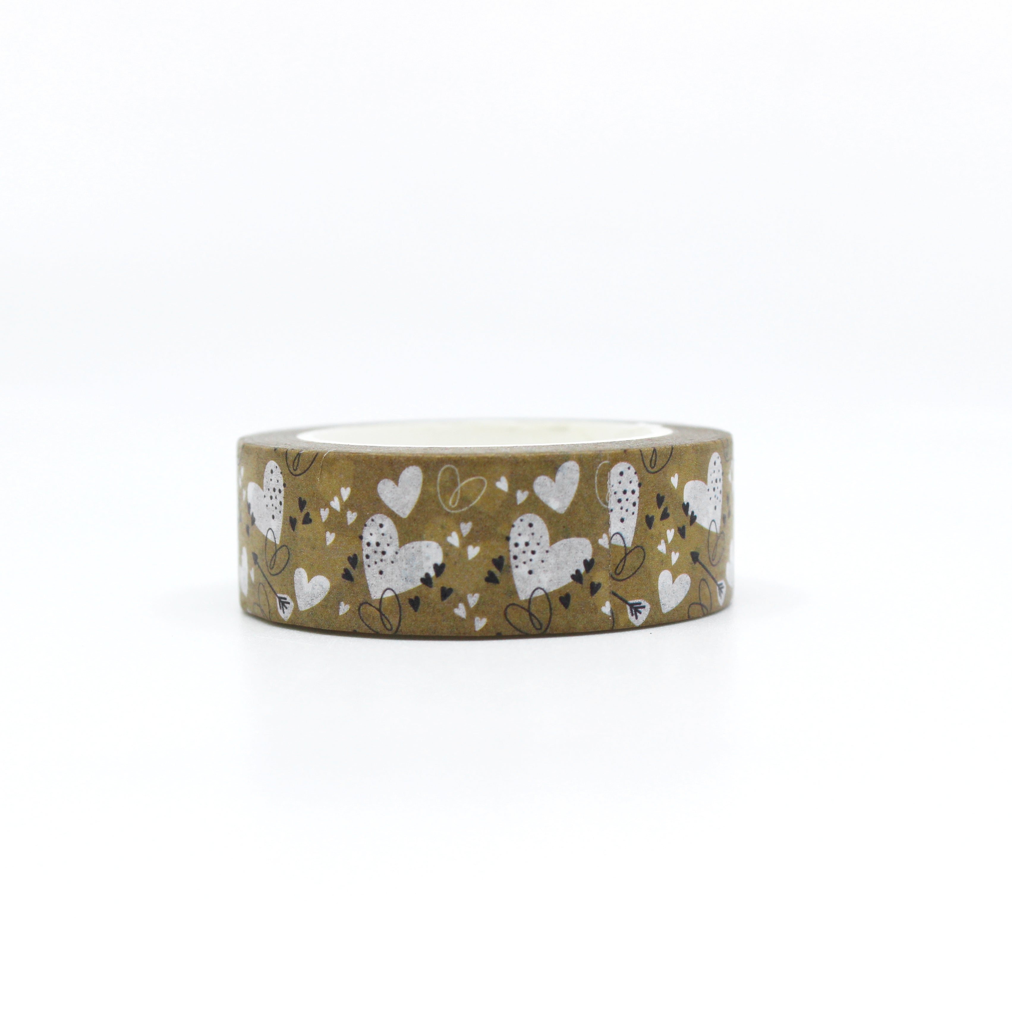 Elevate your crafts with this neutral color Valentine Hearts Washi Tape. This tape features a heart and arrow motif. This pattern is sold at BBB Supplies Craft Shop.