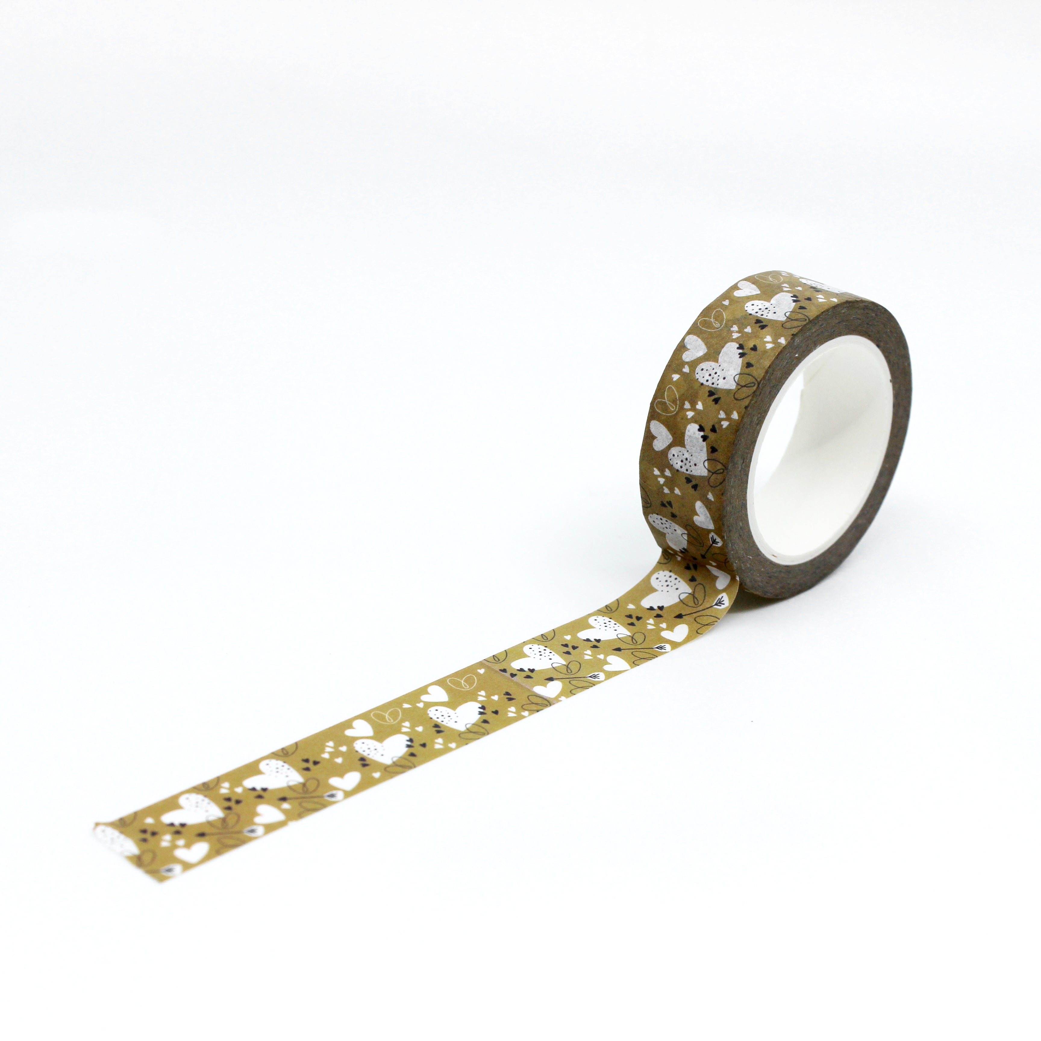 Elevate your crafts with this neutral color Valentine Hearts Washi Tape. This tape features a heart and arrow motif. This pattern is sold at BBB Supplies Craft Shop.