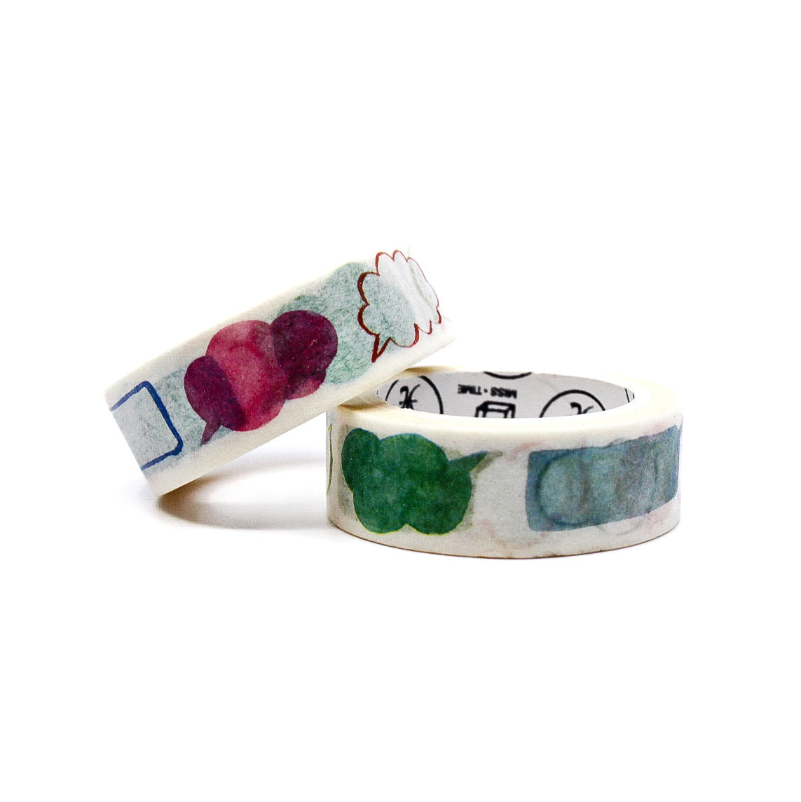 Watercolor journaling tape with abstract blob shapes displayed on a pastel surface.