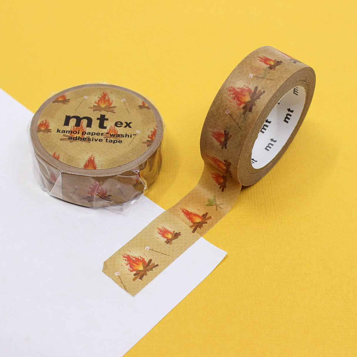 Bonfire washi tape with illustrated s’mores, marshmallows, and chocolate on a cozy background