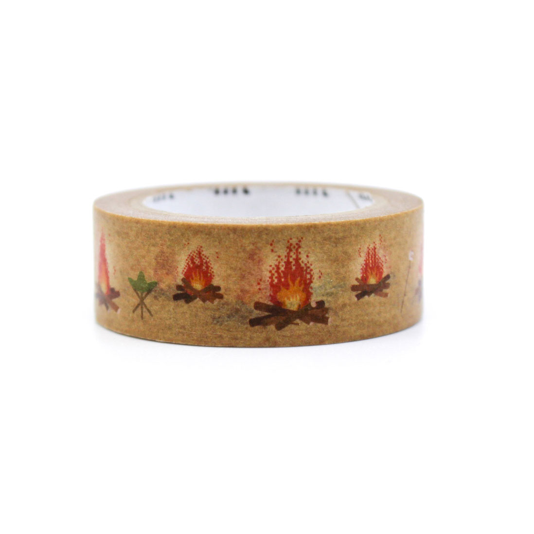 Close-up of bonfire-themed washi tape roll with marshmallow and graham cracker illustrations