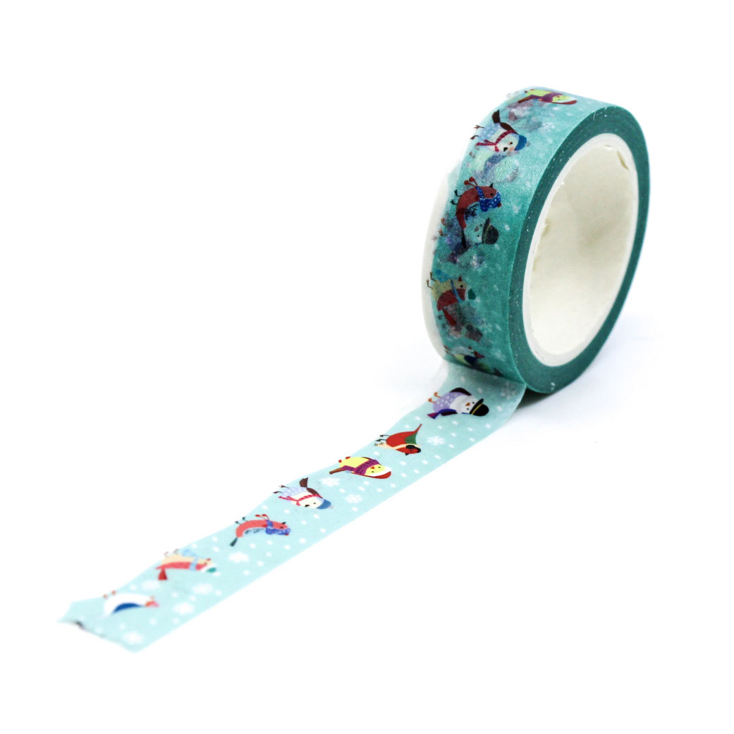 Holiday Caroling Birds Washi Tape featuring cute birds in hats and scarves singing in a snowy scene, perfect for adding a festive, whimsical touch to planners, scrapbooks, and holiday crafts.