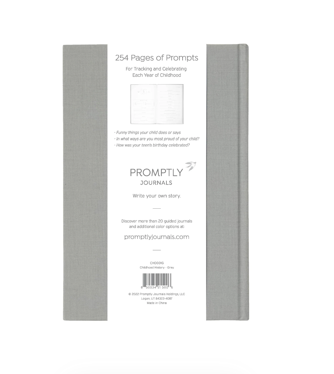 This grey color childhood history journal has prompts to help parents write their child's story in each phase as a keepsake. This journal is from promptly and sold at BBB Supplies Craft Shop.