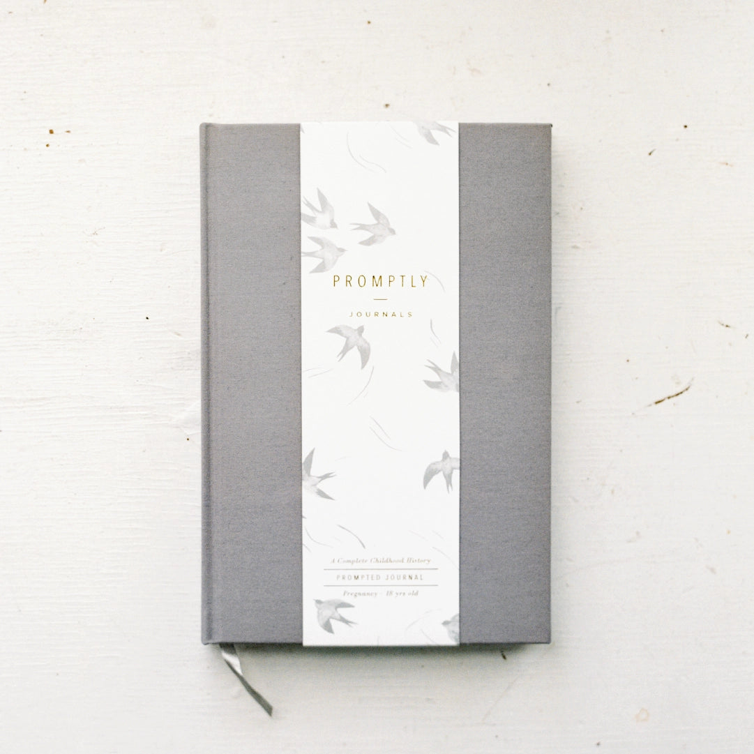 This grey color childhood history journal has prompts to help parents write their child's story in each phase as a keepsake. This journal is from promptly and sold at BBB Supplies Craft Shop.