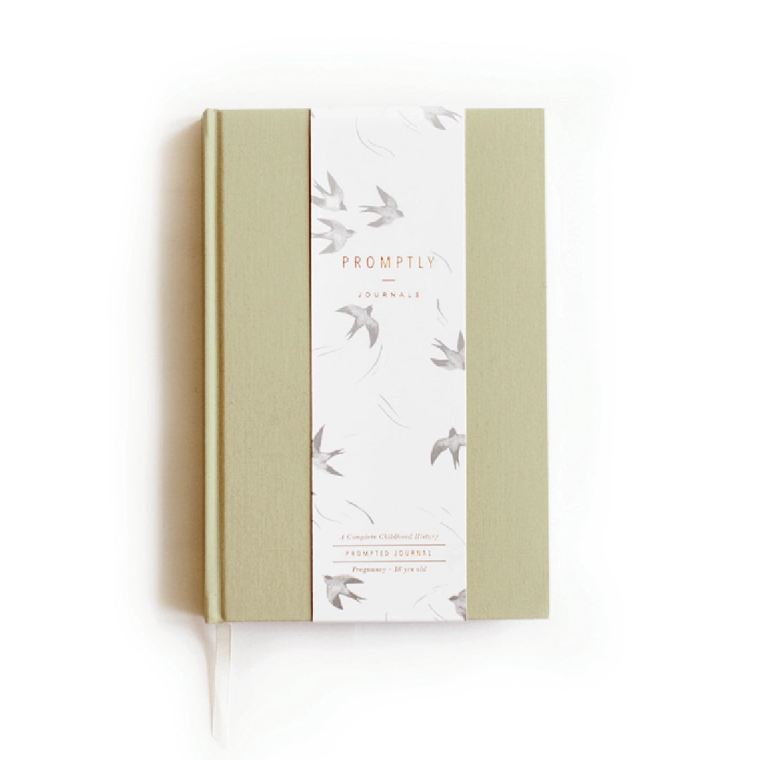 This sage green color childhood history journal has prompts to help parents write their child's story in each phase as a keepsake. This journal is from promptly and sold at BBB Supplies Craft Shop.