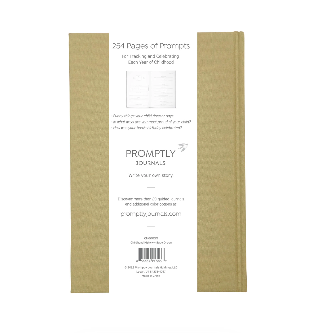 This sage green color childhood history journal has prompts to help parents write their child's story in each phase as a keepsake. This journal is from promptly and sold at BBB Supplies Craft Shop.