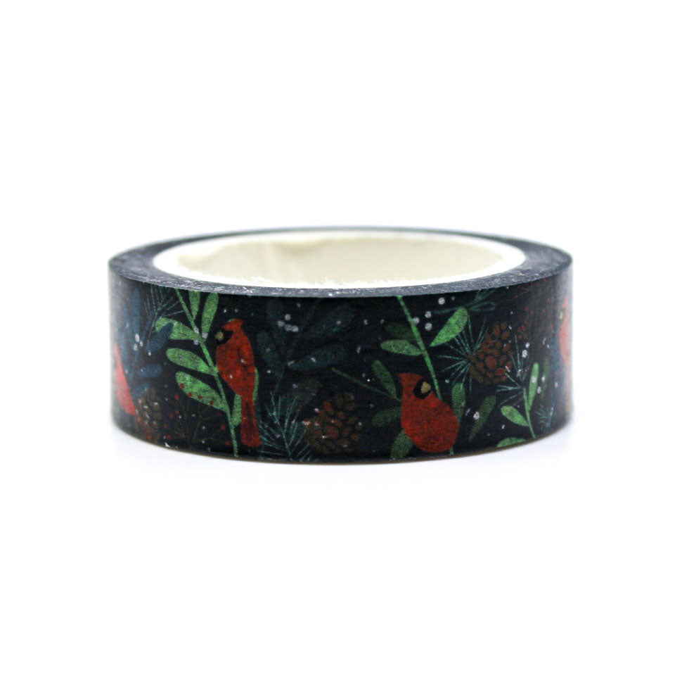 Holiday Cardinal Birds Washi Tape featuring red cardinals perched on snowy branches, perfect for adding an elegant and festive touch to holiday crafts, planners, and gift wrapping.
