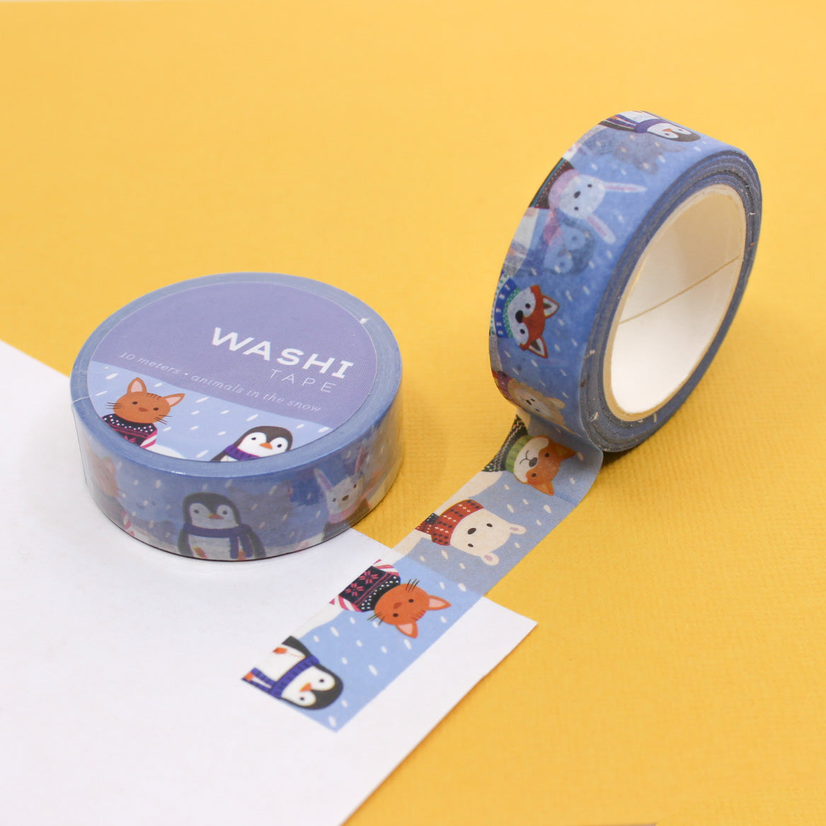 Christmas Snow Animals Washi Tape featuring cute animals in colorful sweaters playing in the snow. Perfect for holiday crafts, planners, scrapbooking, and festive gift wrapping.