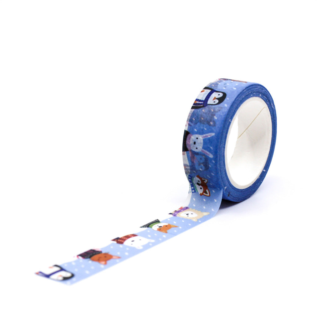 Christmas Snow Animals Washi Tape featuring cute animals in colorful sweaters playing in the snow. Perfect for holiday crafts, planners, scrapbooking, and festive gift wrapping.