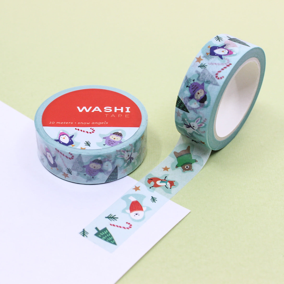 Winter Snow Angels Animals Washi Tape featuring cute woodland animals making snow angels in the snow. Ideal for winter and holiday crafts, planners, scrapbooking, and festive gift wrapping.