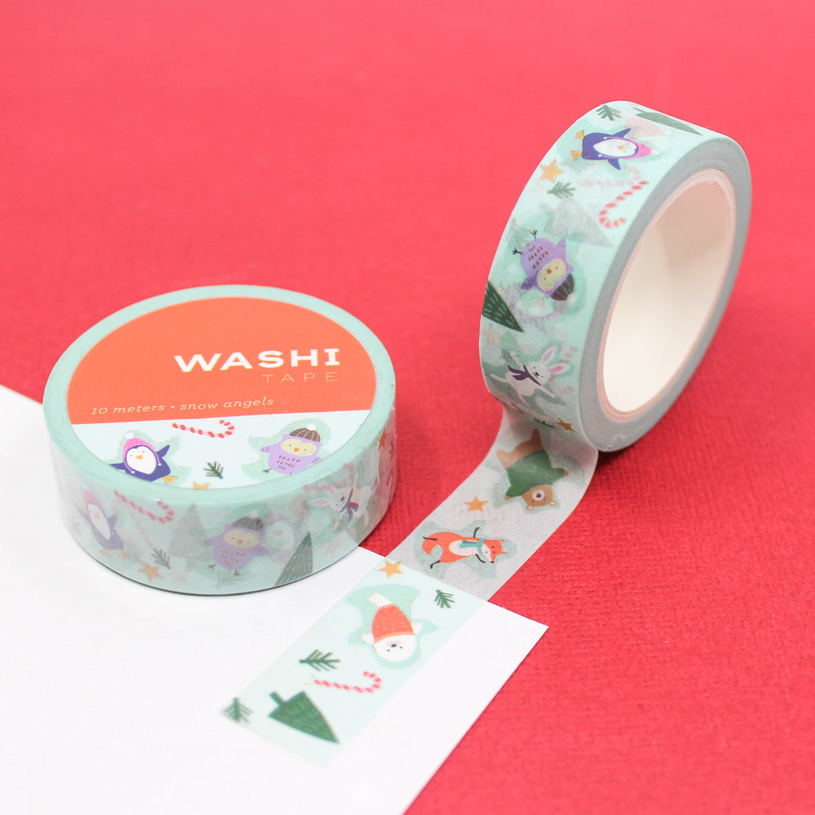Winter Snow Angels Animals Washi Tape featuring cute woodland animals making snow angels in the snow. Ideal for winter and holiday crafts, planners, scrapbooking, and festive gift wrapping.