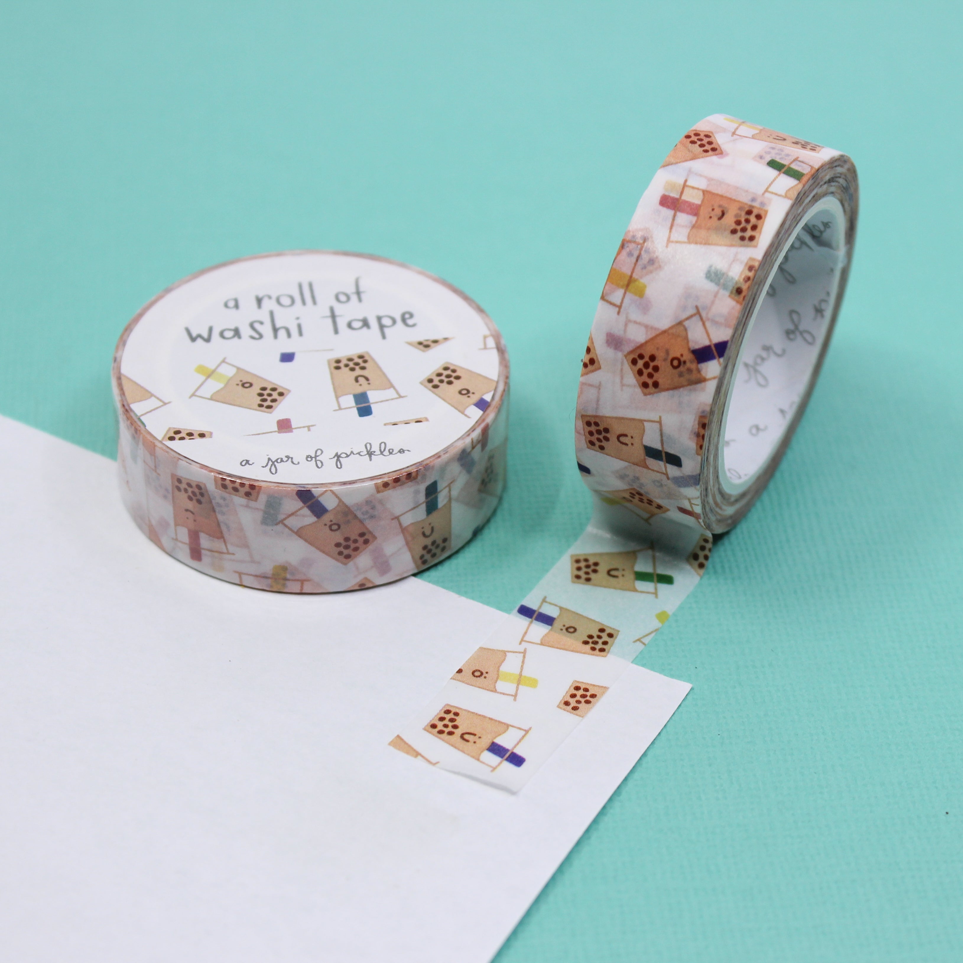 Colorful Boba Washi Tape features a vibrant and playful design, perfect for adding a fun touch to your projects. With its bright colors and cute boba motifs, this tape is great for decorating journals, planners, and other creative endeavors. This tape is from A Jar of Pickles and sold at BBB Supplies Craft Shop.