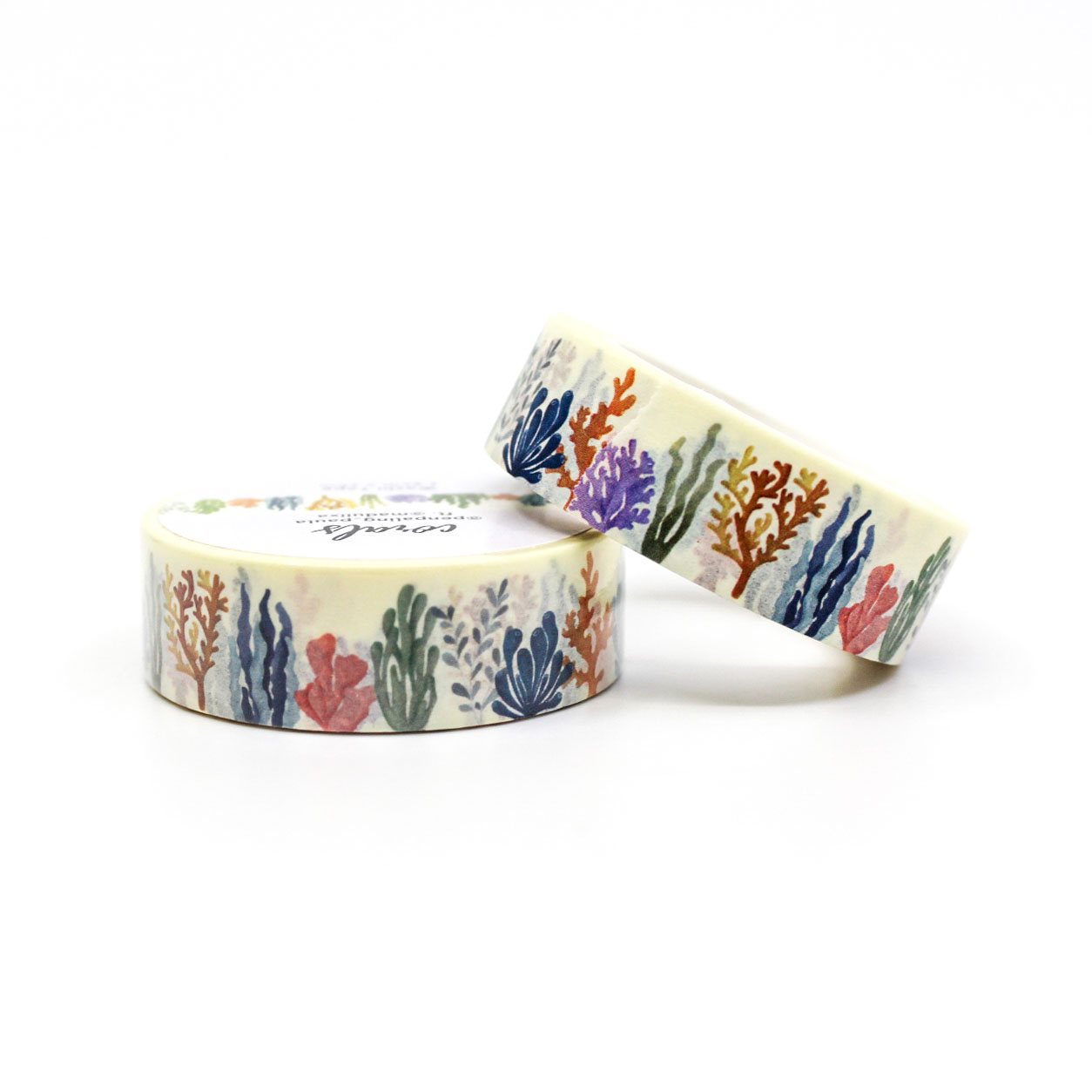 Colorful coral reef washi tape featuring a vibrant pattern of coral in shades of orange, pink, blue, and purple, perfect for decorating journals, planners, and craft projects.