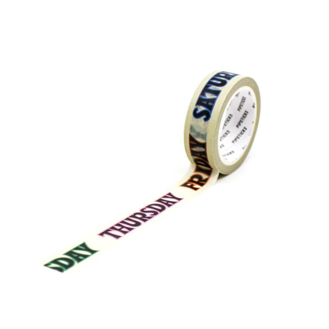 Roll of tape with days of the week printed on it against a white background
