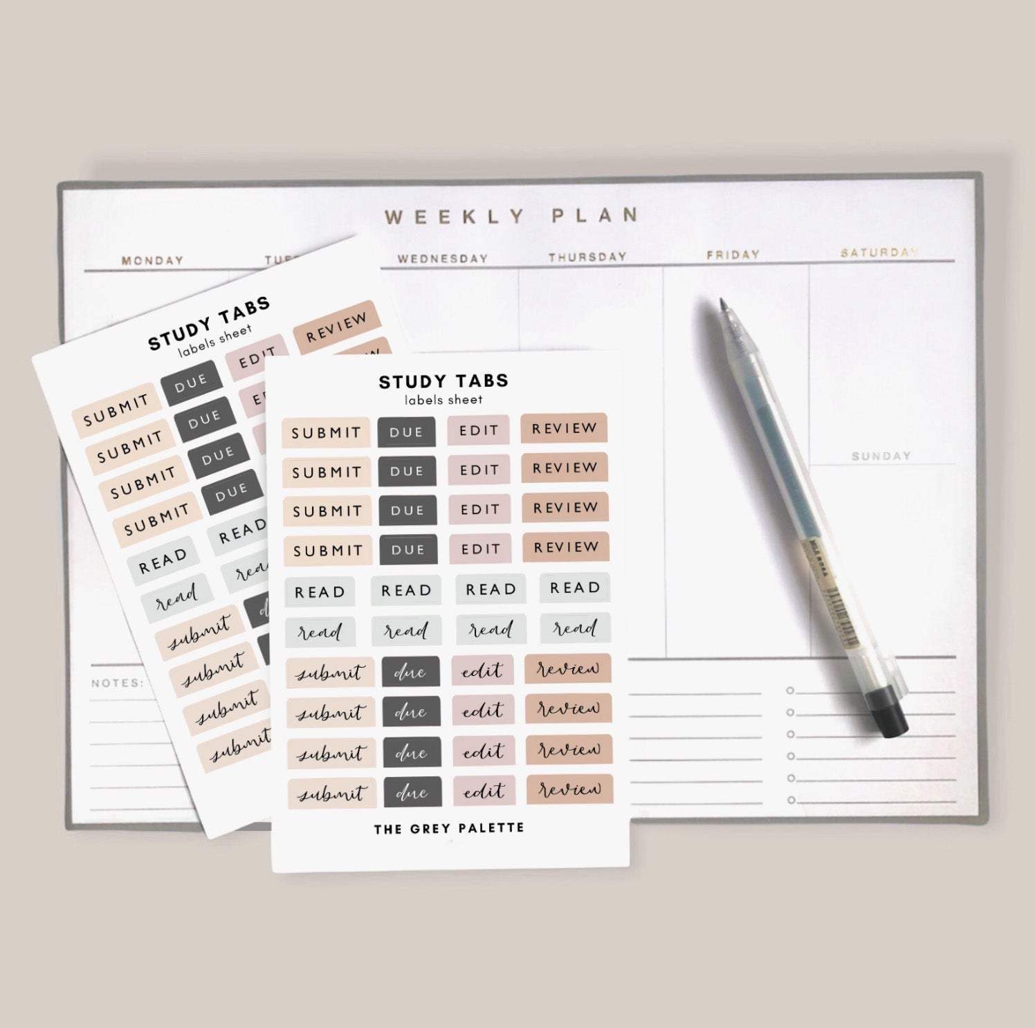 These Study notes sticker sheets feature phrases such as Submit, Due, Edit, Review and read in multiple fonts and color ways. These stickers are from The Grey Palette and sold at BBB Supplies Craft Shop.
