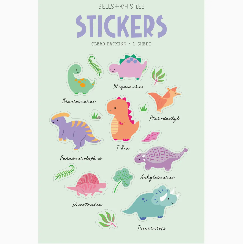 Colorful dinosaur sticker sheet with cute illustrated prehistoric characters