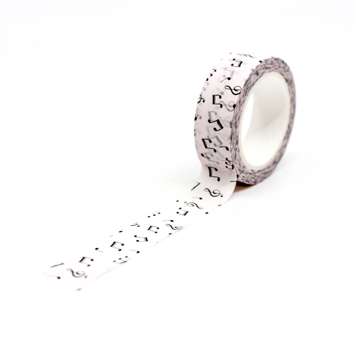 Tan and black music note washi tape featuring elegant black musical notes on a soft tan background, ideal for adding a refined touch to journals, planners, and crafts.