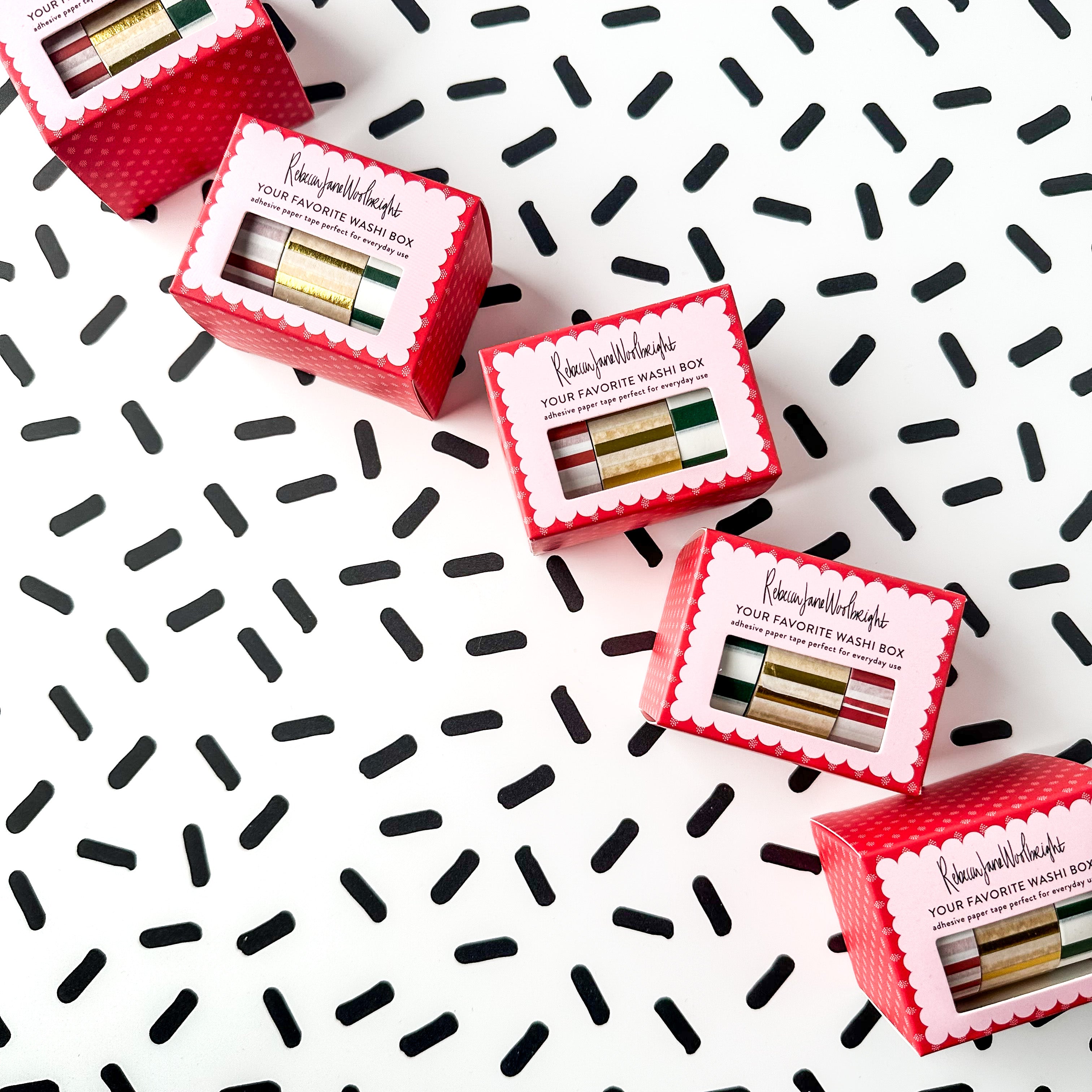 Favorites Holiday Stripe Washi Tape Set featuring a vibrant mix of festive stripes in traditional Christmas colors, ideal for adding a joyful and decorative touch to your holiday-themed crafts and projects. This set is from Rebecca Jane Woolbright and sold at BBB Supplies Craft Shop.