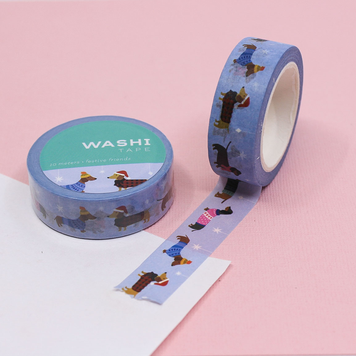 Festive Friends Washi Tape featuring dogs in sweaters and Santa hats — cute Christmas journaling tape.