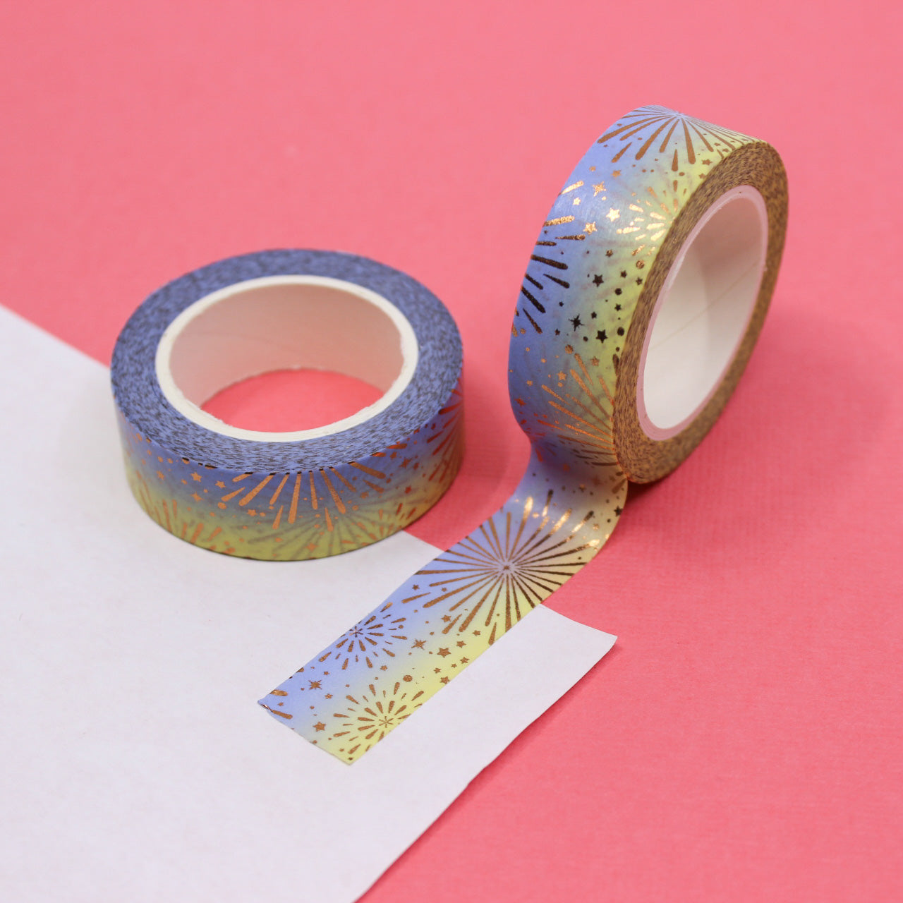 Blue and yellow combo washi tape featuring shimmering foil fireworks