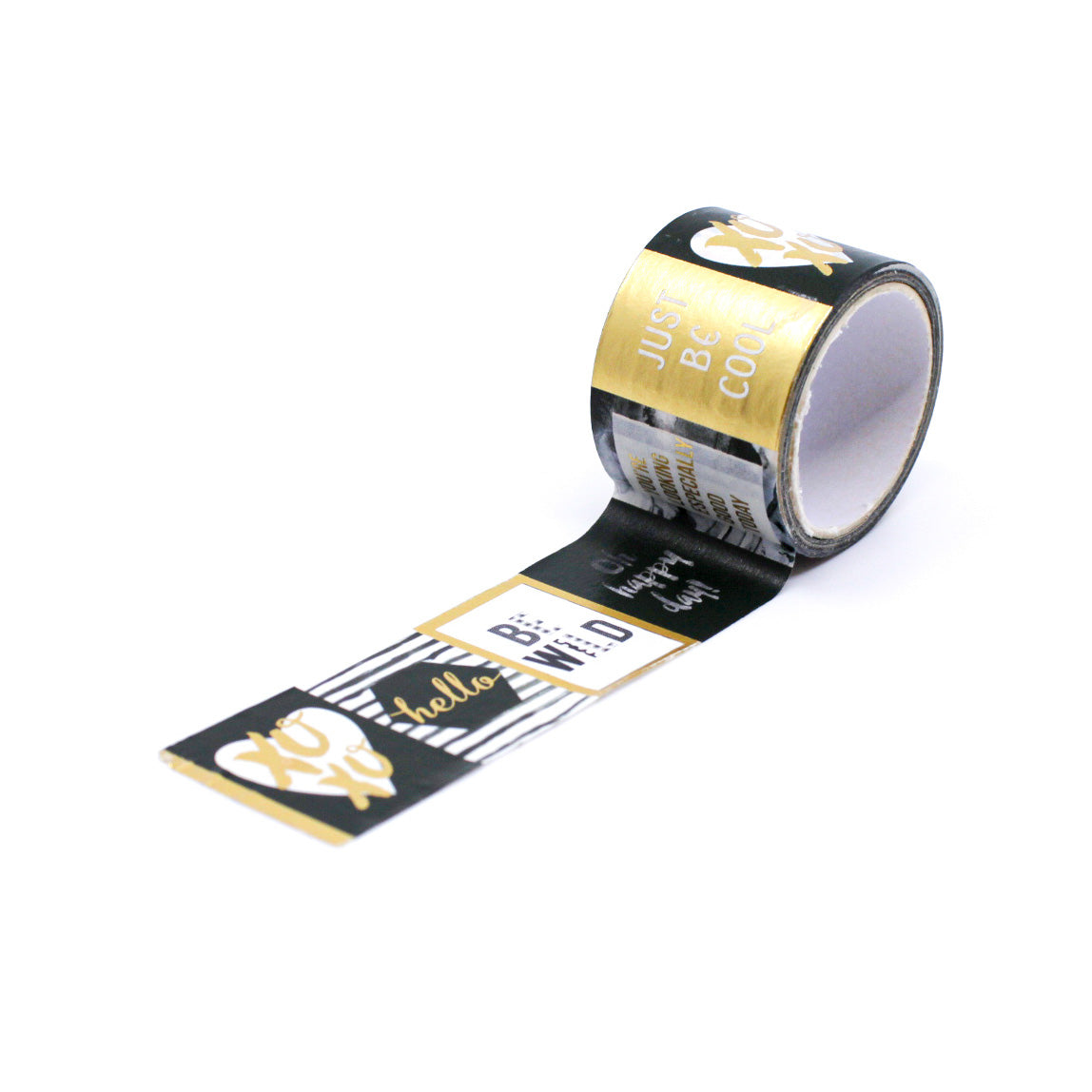 Add a touch of elegance to your projects with this stunning washi tape. Featuring black typography phrases in a variety of styles, accented with gold foil, this tape is perfect for scrapbooking, journaling, card making, and more. This tape is sold at BBB Supplies Craft Shop.