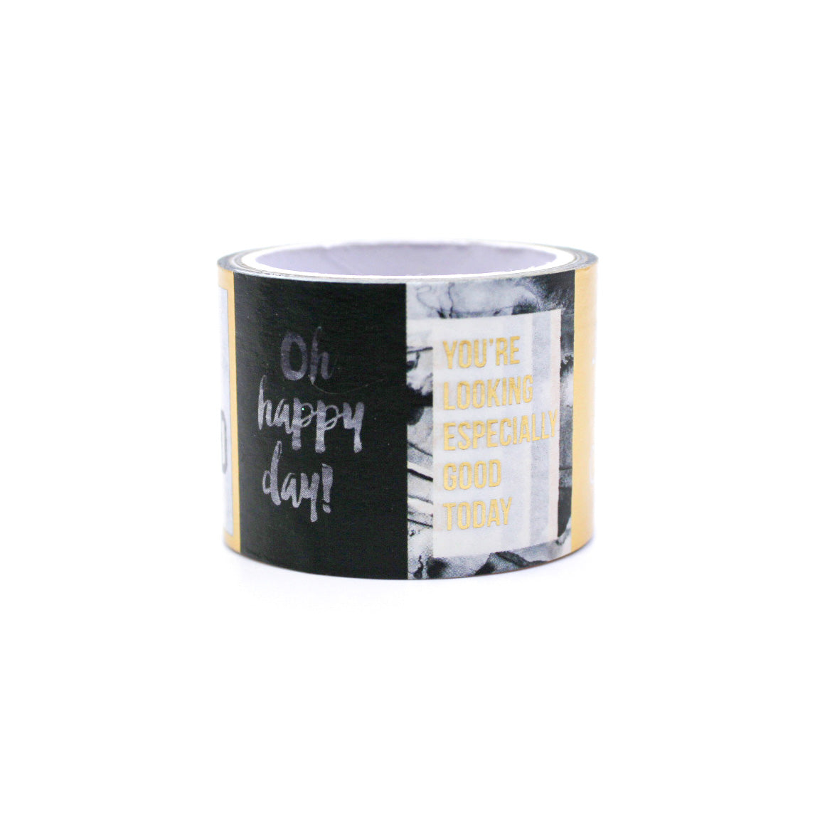 Add a touch of elegance to your projects with this stunning washi tape. Featuring black typography phrases in a variety of styles, accented with gold foil, this tape is perfect for scrapbooking, journaling, card making, and more. This tape is sold at BBB Supplies Craft Shop.