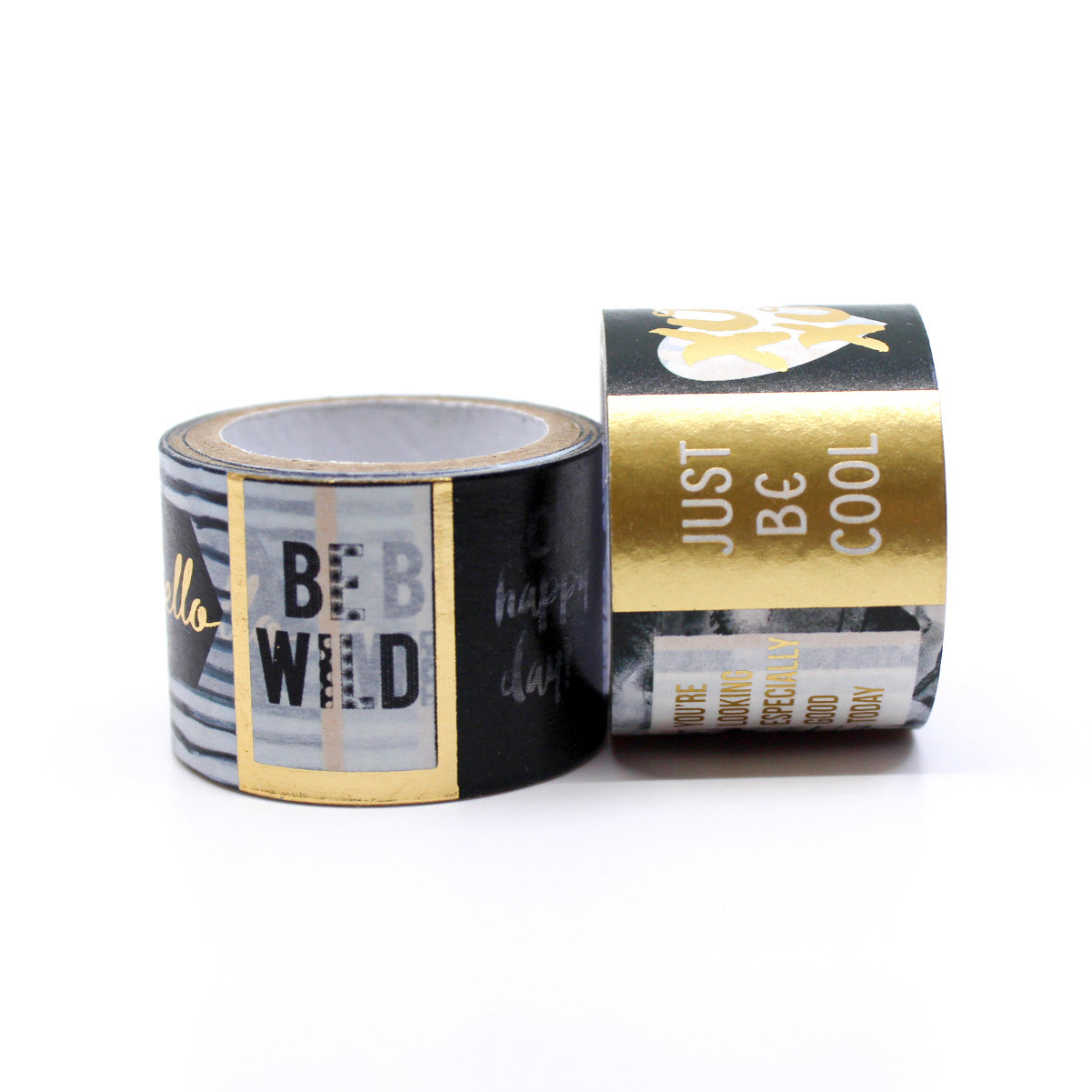 Add a touch of elegance to your projects with this stunning washi tape. Featuring black typography phrases in a variety of styles, accented with gold foil, this tape is perfect for scrapbooking, journaling, card making, and more. This tape is sold at BBB Supplies Craft Shop.