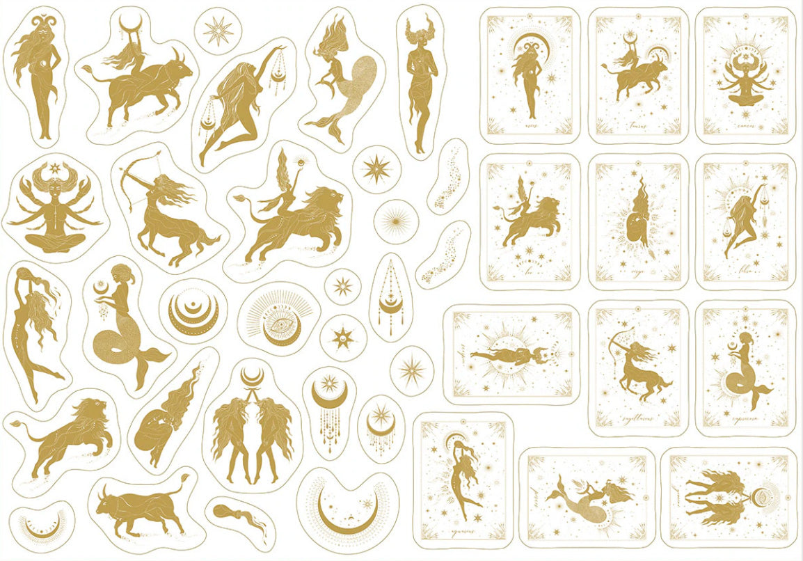 Mystical  white gold foil moon and star stickers for journaling