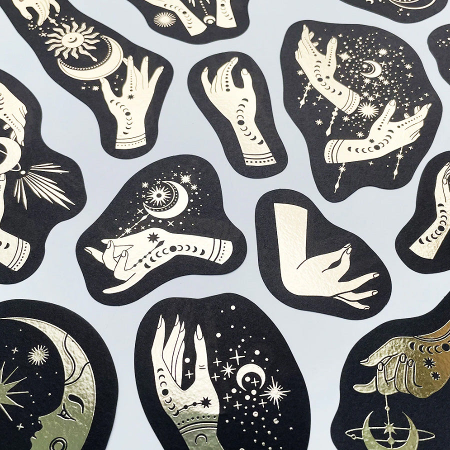 Luxury spiritual Hand gestures planner stickers featuring tarot and celestial motifs