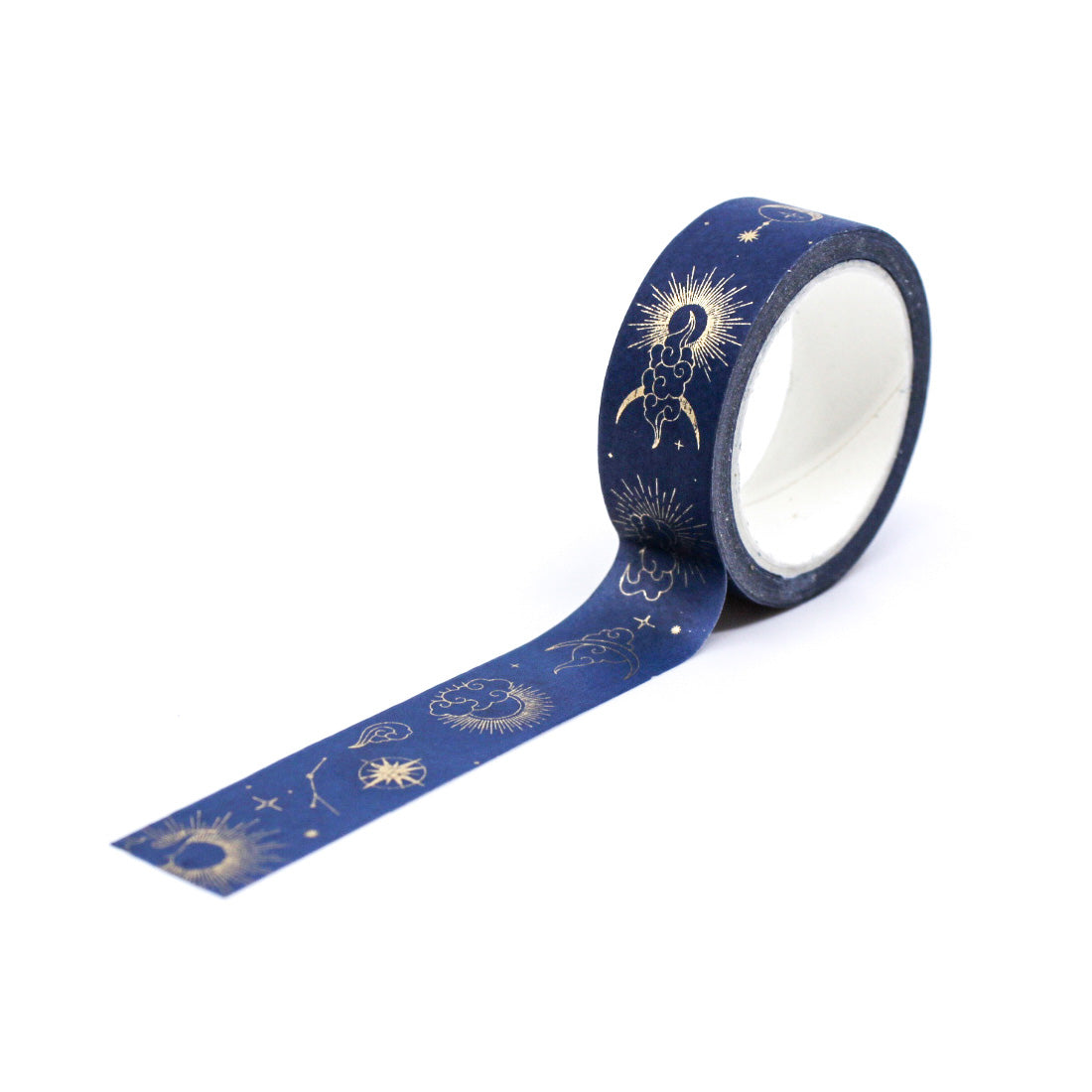 Celestial blue washi tape with gold sun and moon pattern