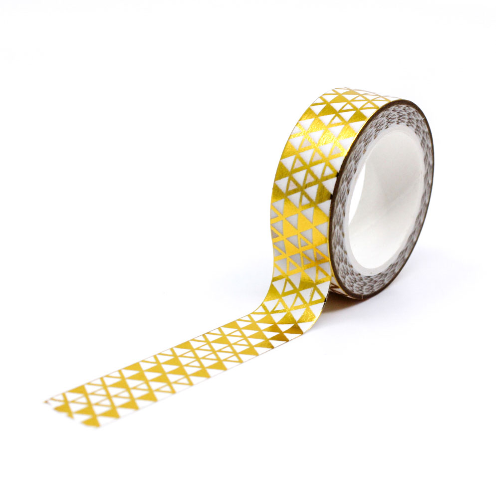Shiny geometric gold pattern washi tape displayed with matching roll.